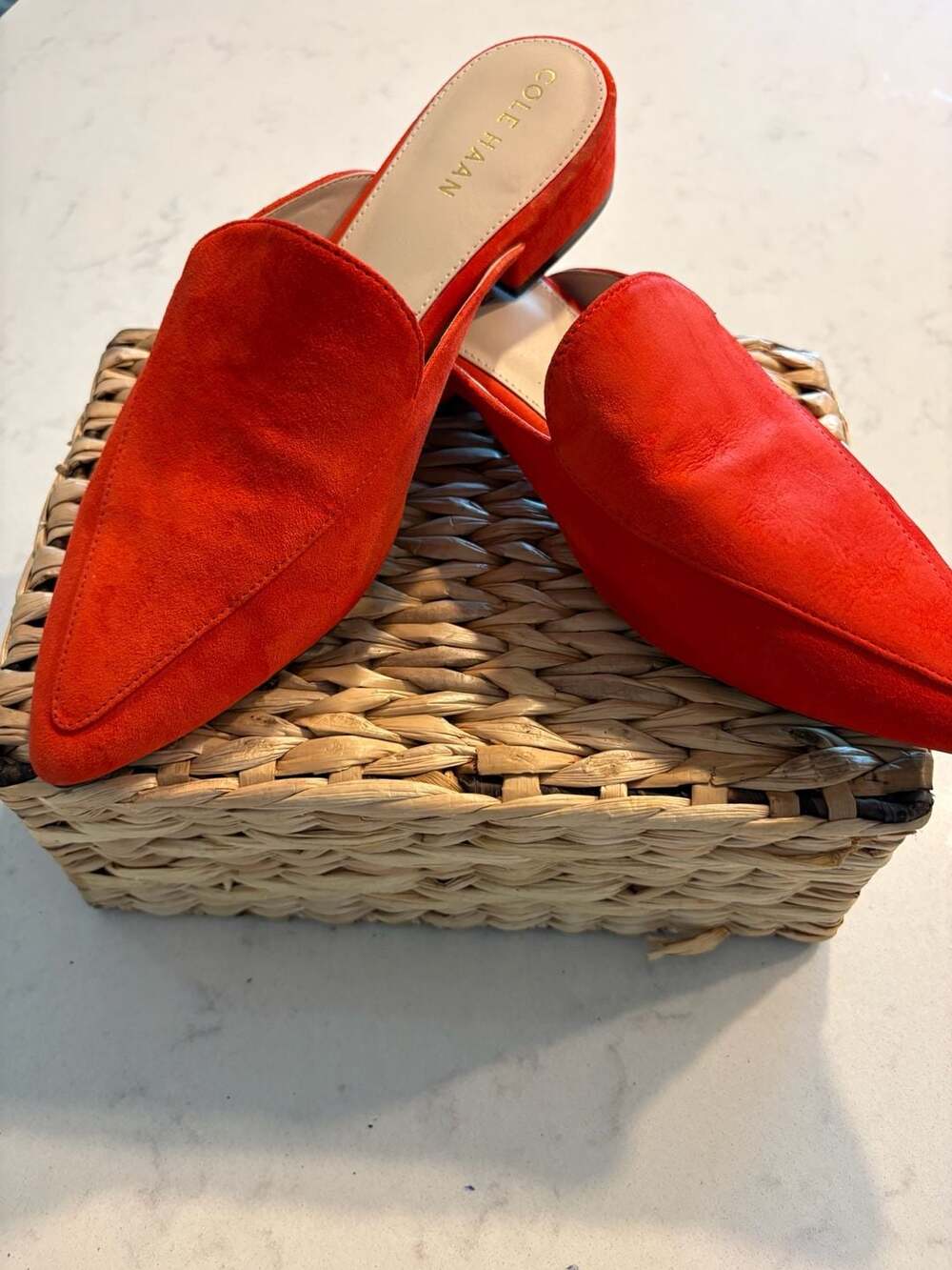 Cole Haan Red Orange Suede Pointed Toe Mules Slides